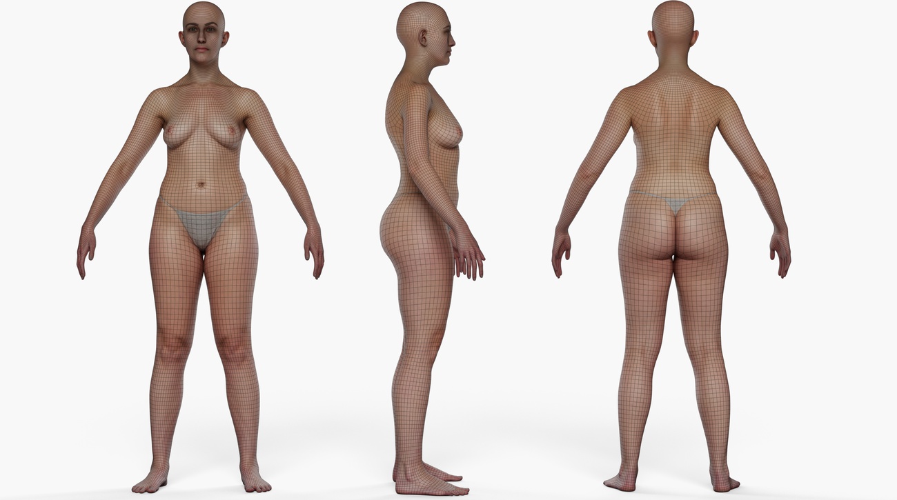 Wireframe topology overlay on a female 3D body scan showing quad mesh edge loops across the full figure